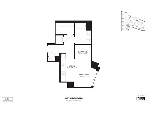 Floor plan for 1 bed, 1 bath, 539 sqft